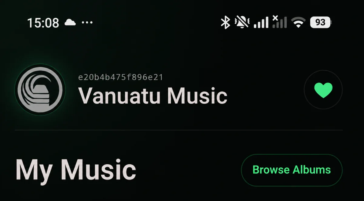 Vanuatu Music My Music screen showing Device ID above app name